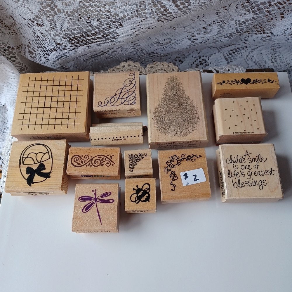 LOT OF (13) RUBBER MOUNTED STAMPS ASSORTED BRANDS, SIZES AND STYLES